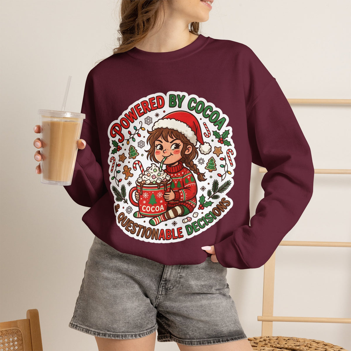Powered by Cocoa & Questionable Decisions Christmas Crewneck Sweatshirt