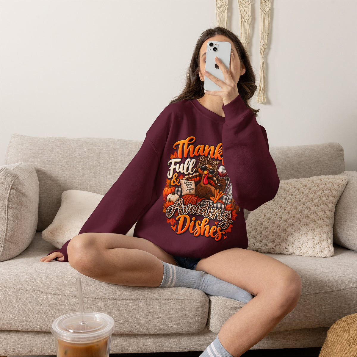 Thankful, Full & Avoiding Dishes Thanksgiving Crewneck Sweatshirt