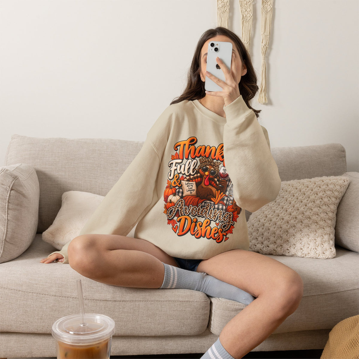 Thankful, Full & Avoiding Dishes Thanksgiving Crewneck Sweatshirt