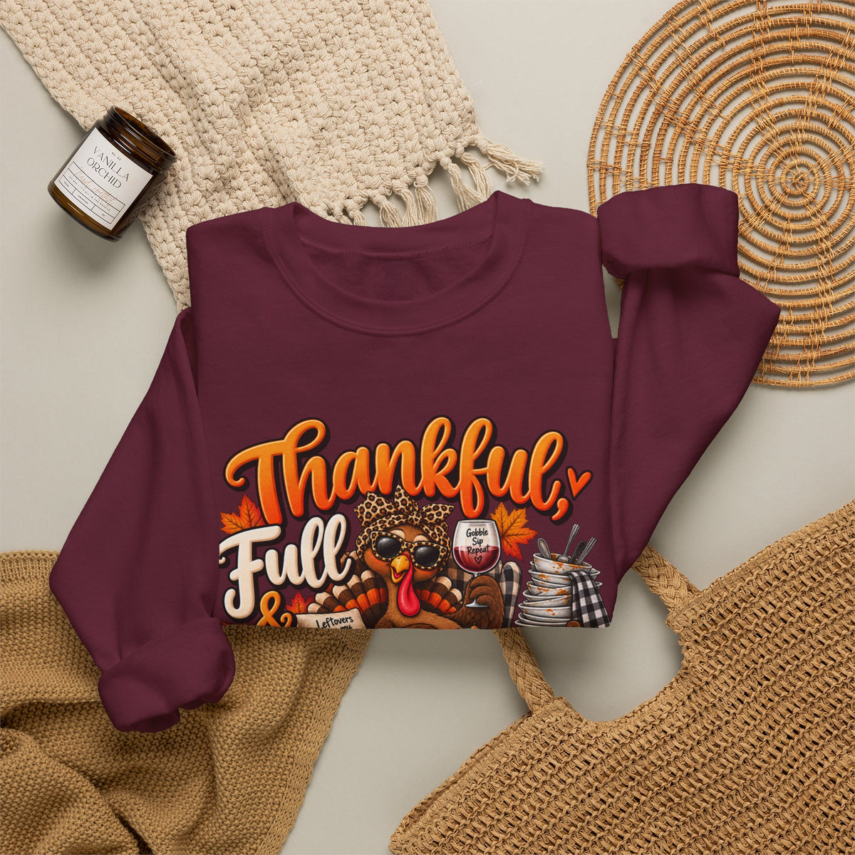 Thankful, Full & Avoiding Dishes Thanksgiving Crewneck Sweatshirt
