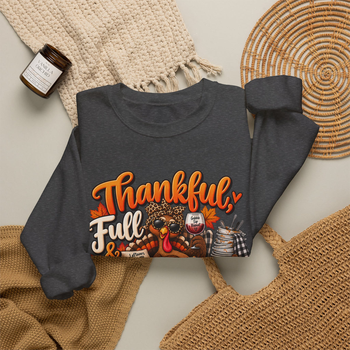 Thankful, Full & Avoiding Dishes Thanksgiving Crewneck Sweatshirt