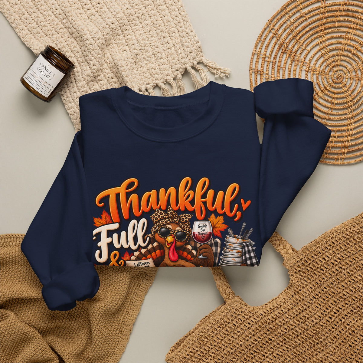 Thankful, Full & Avoiding Dishes Thanksgiving Crewneck Sweatshirt