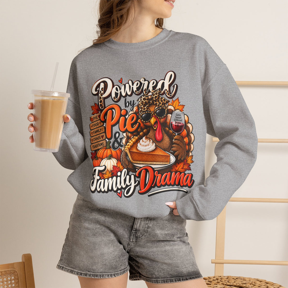 Powered by Pie & Family Drama Thanksgiving Crewneck Sweatshirt