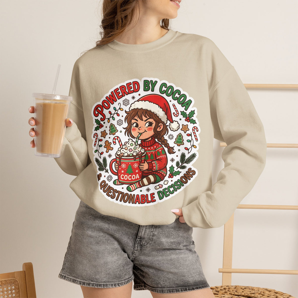 Powered by Cocoa & Questionable Decisions Christmas Crewneck Sweatshirt