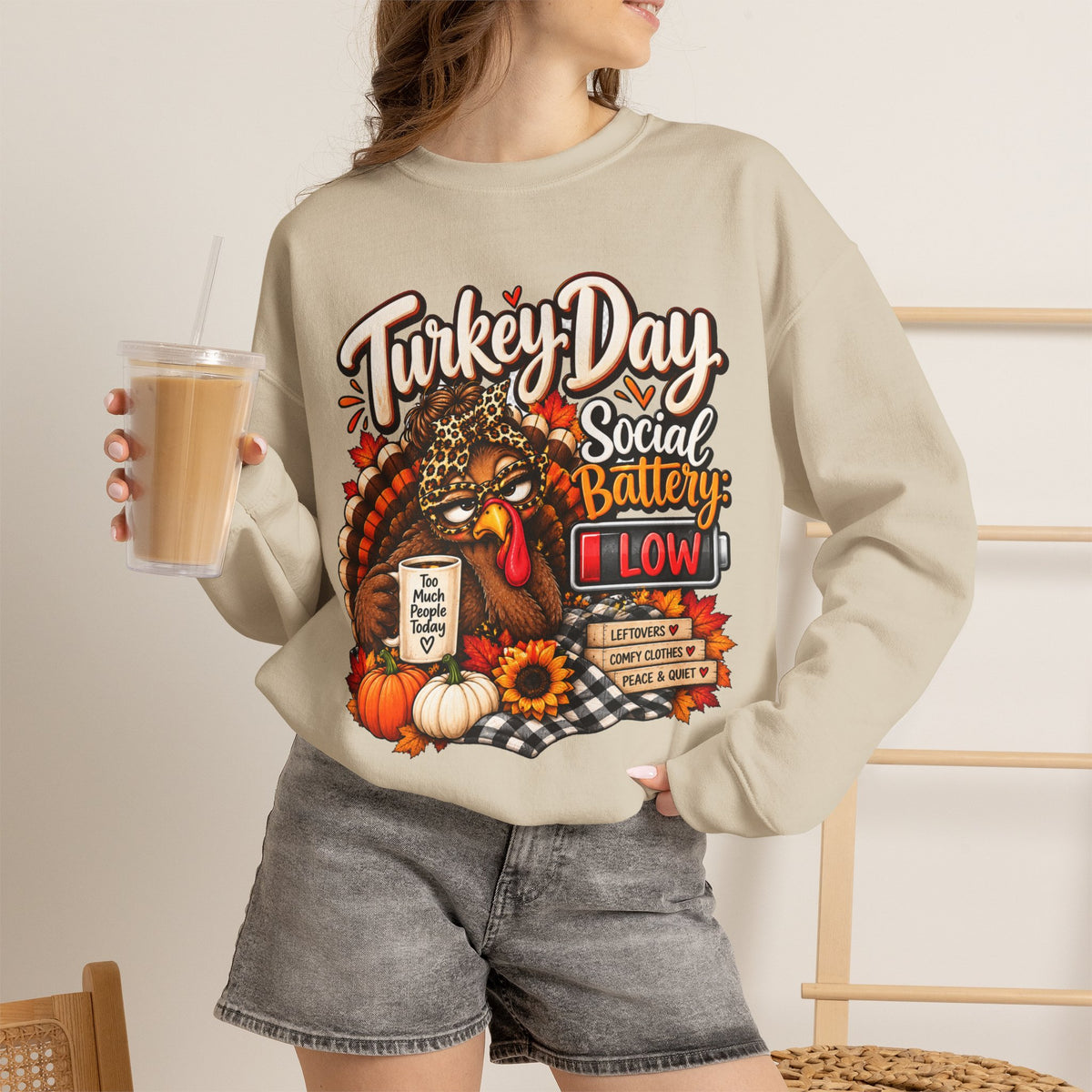 Turkey Day Social Battery: Low Thanksgiving Crewneck Sweatshirt
