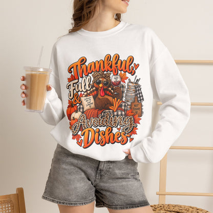 Thankful, Full & Avoiding Dishes Thanksgiving Crewneck Sweatshirt