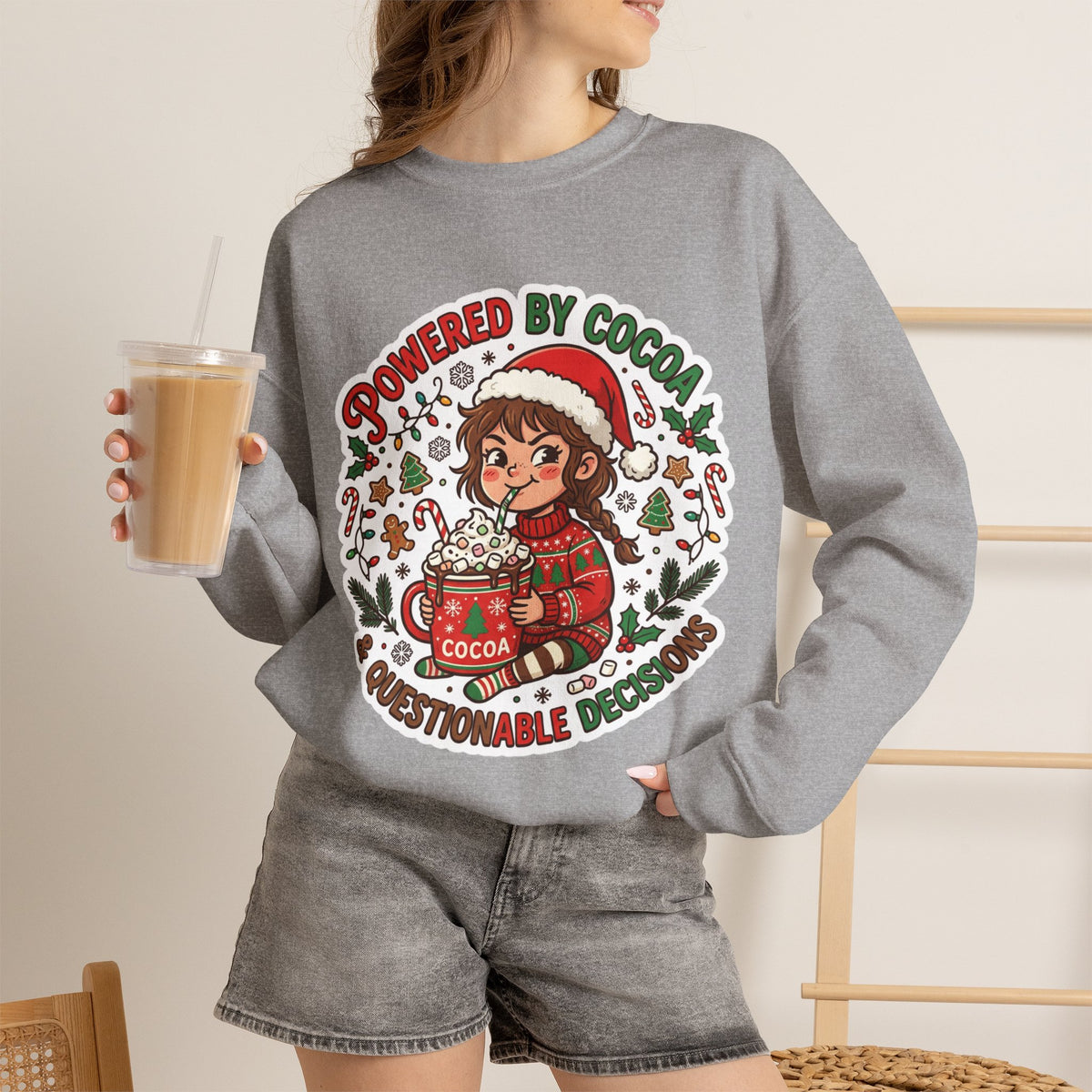 Powered by Cocoa & Questionable Decisions Christmas Crewneck Sweatshirt