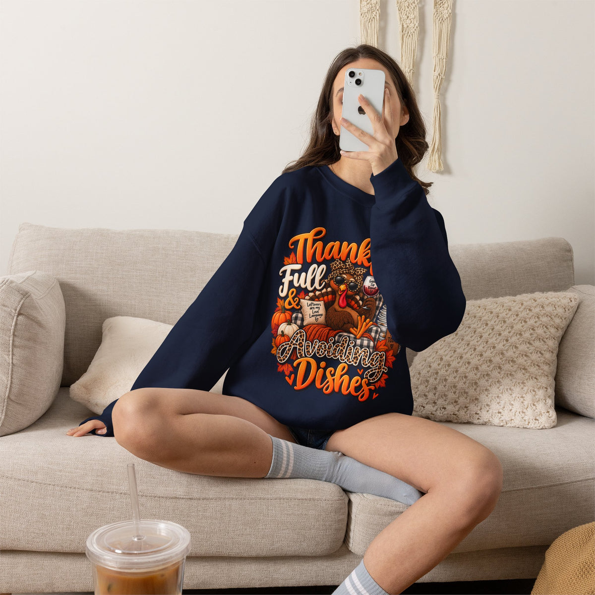 Thankful, Full & Avoiding Dishes Thanksgiving Crewneck Sweatshirt