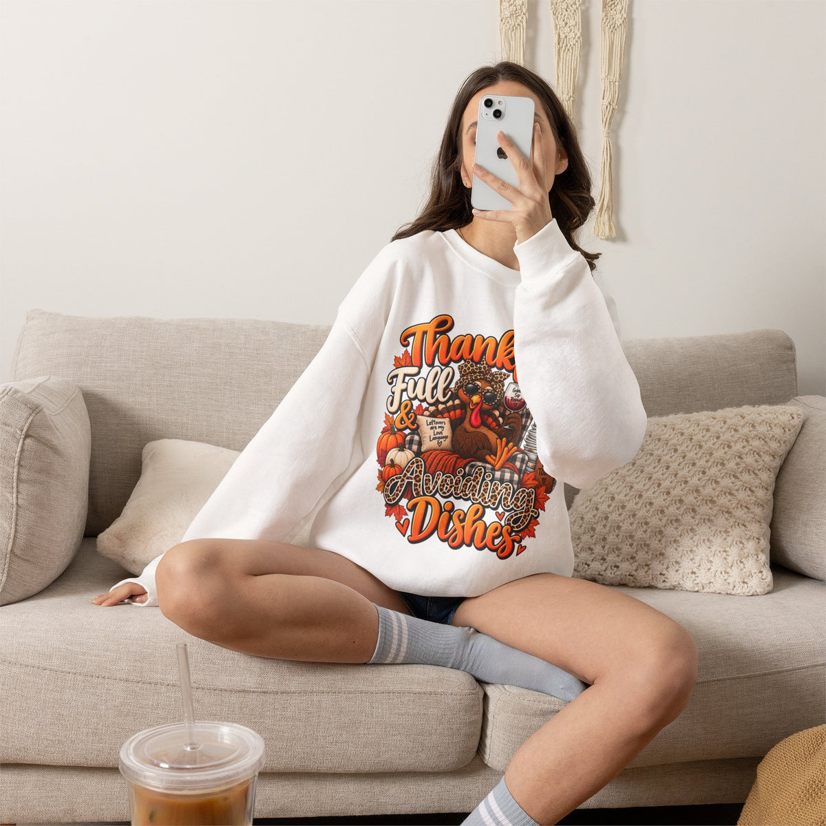 Thankful, Full & Avoiding Dishes Thanksgiving Crewneck Sweatshirt