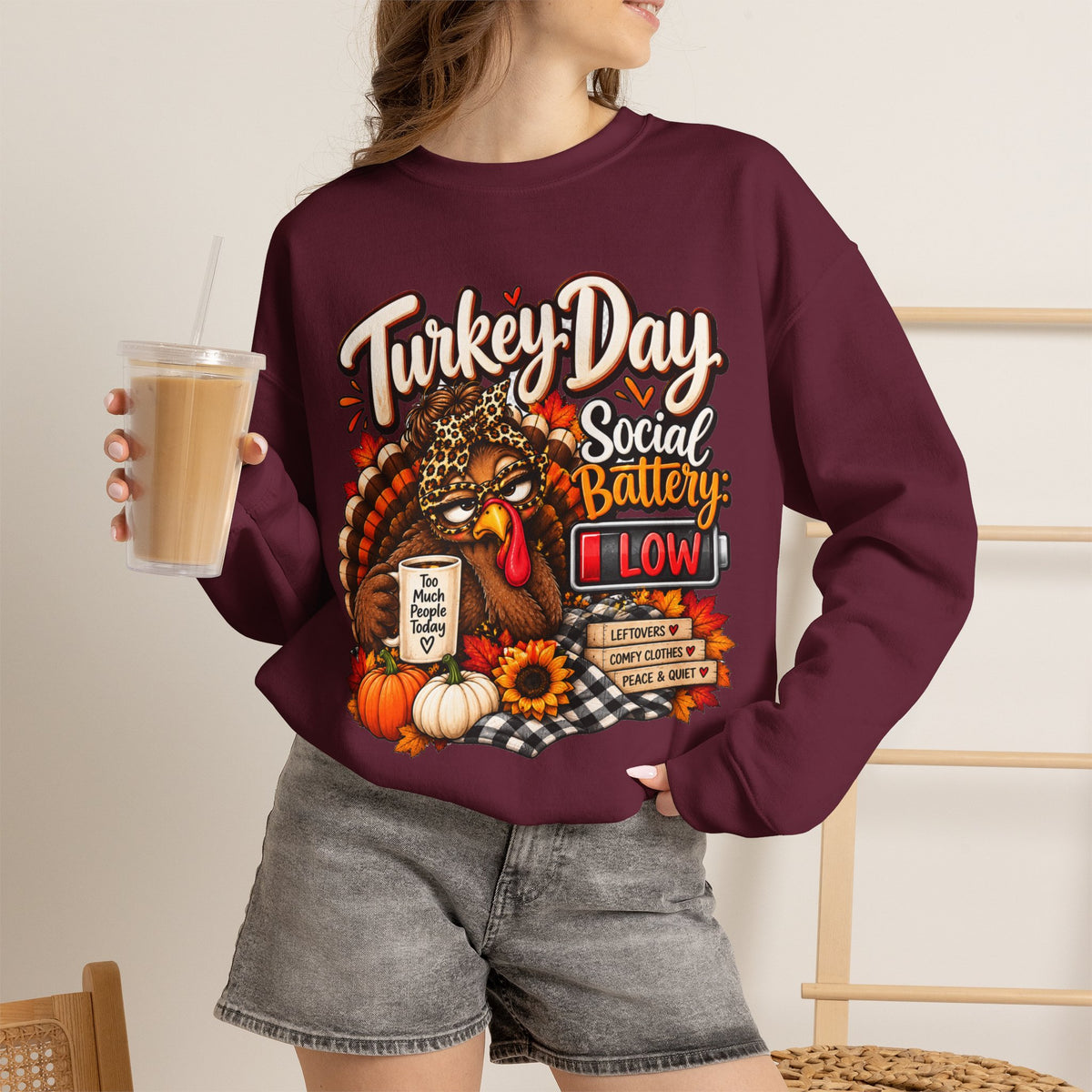 Turkey Day Social Battery: Low Thanksgiving Crewneck Sweatshirt