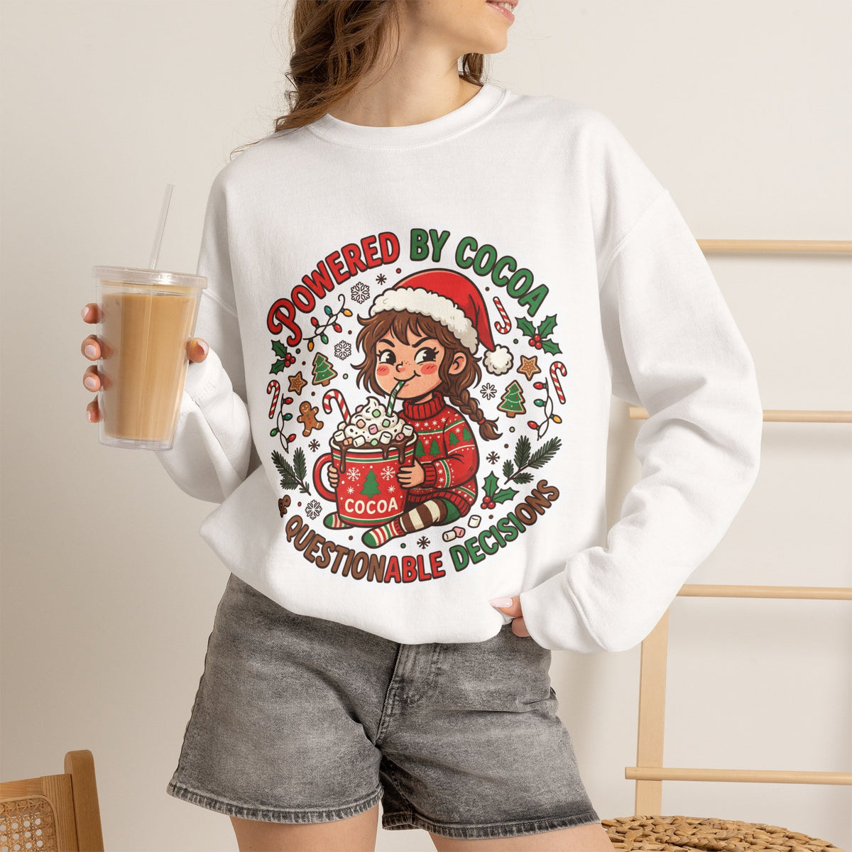 Powered by Cocoa & Questionable Decisions Christmas Crewneck Sweatshirt